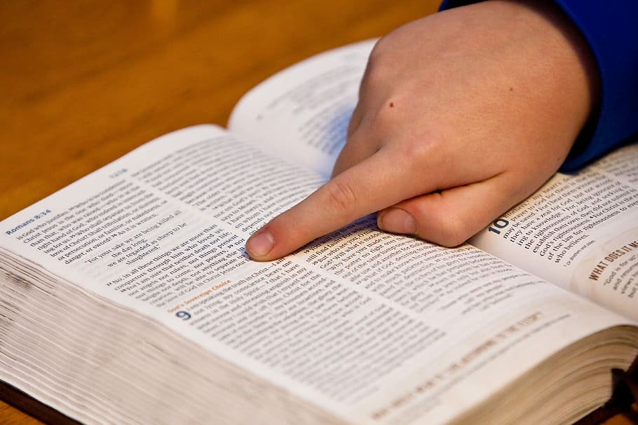 children pointing book on brown wooden tabletop, bible study HD wallpaper