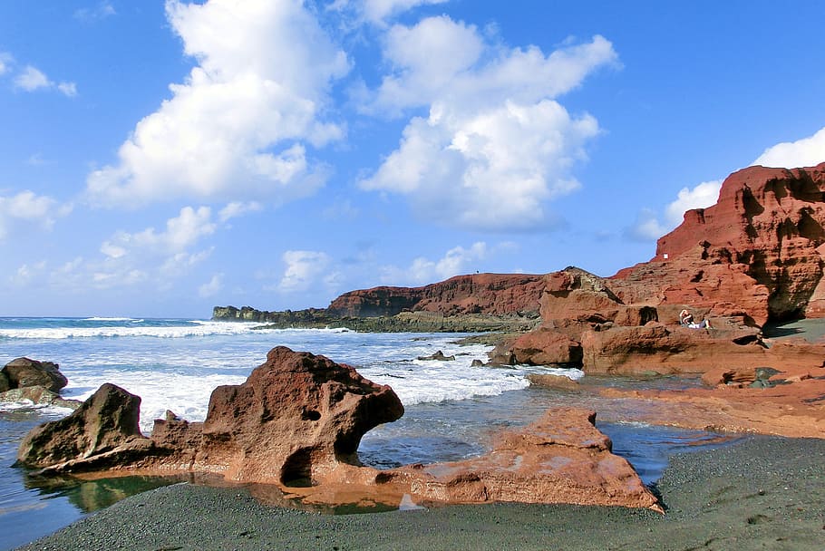 body of water near brown boulder lot, Lanzarote, Sea, summer HD wallpaper