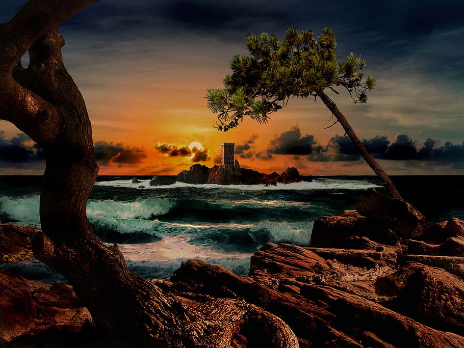 island gold, dramont, esterel, var, sunset, france, cote azur, HD wallpaper