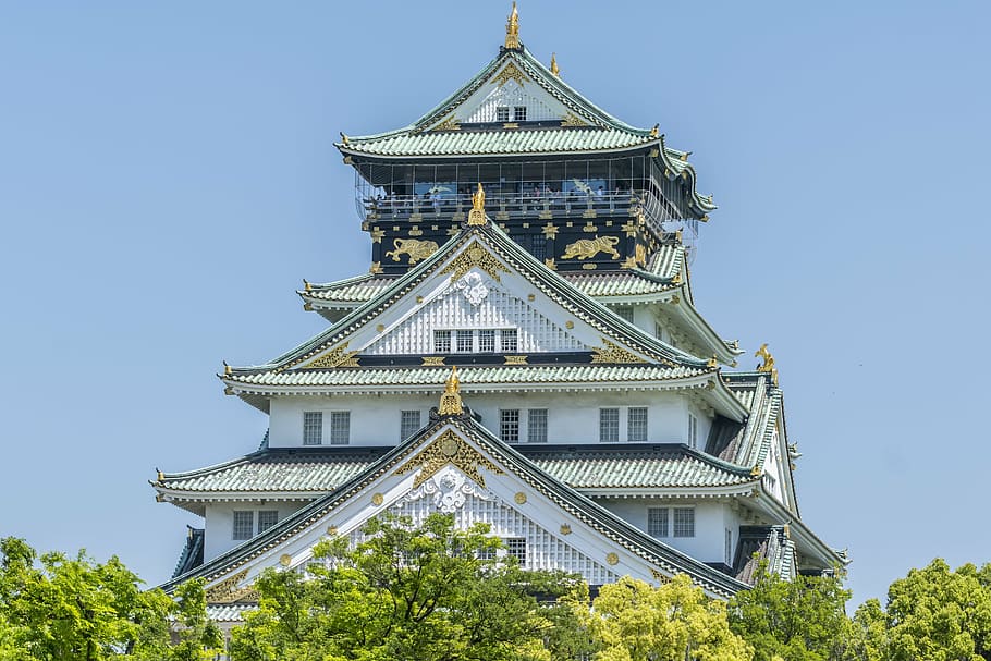 white and black castle, japan, japanese, landmark, asia, building, HD wallpaper