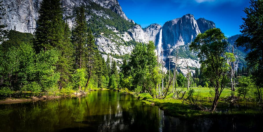 Waterfall, Yosemite Falls, national parks, river, reflection, HD wallpaper