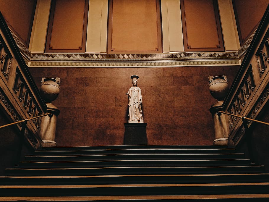 architectural photography of brown stairs, low angle photo of white concrete statue HD wallpaper