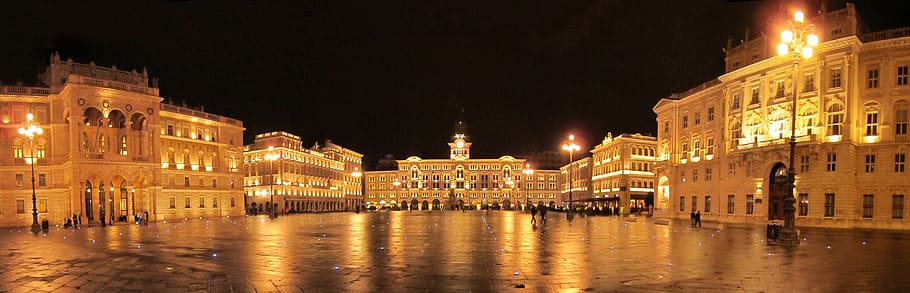 lighted beige concrete building at night, trieste, piazza, city HD wallpaper