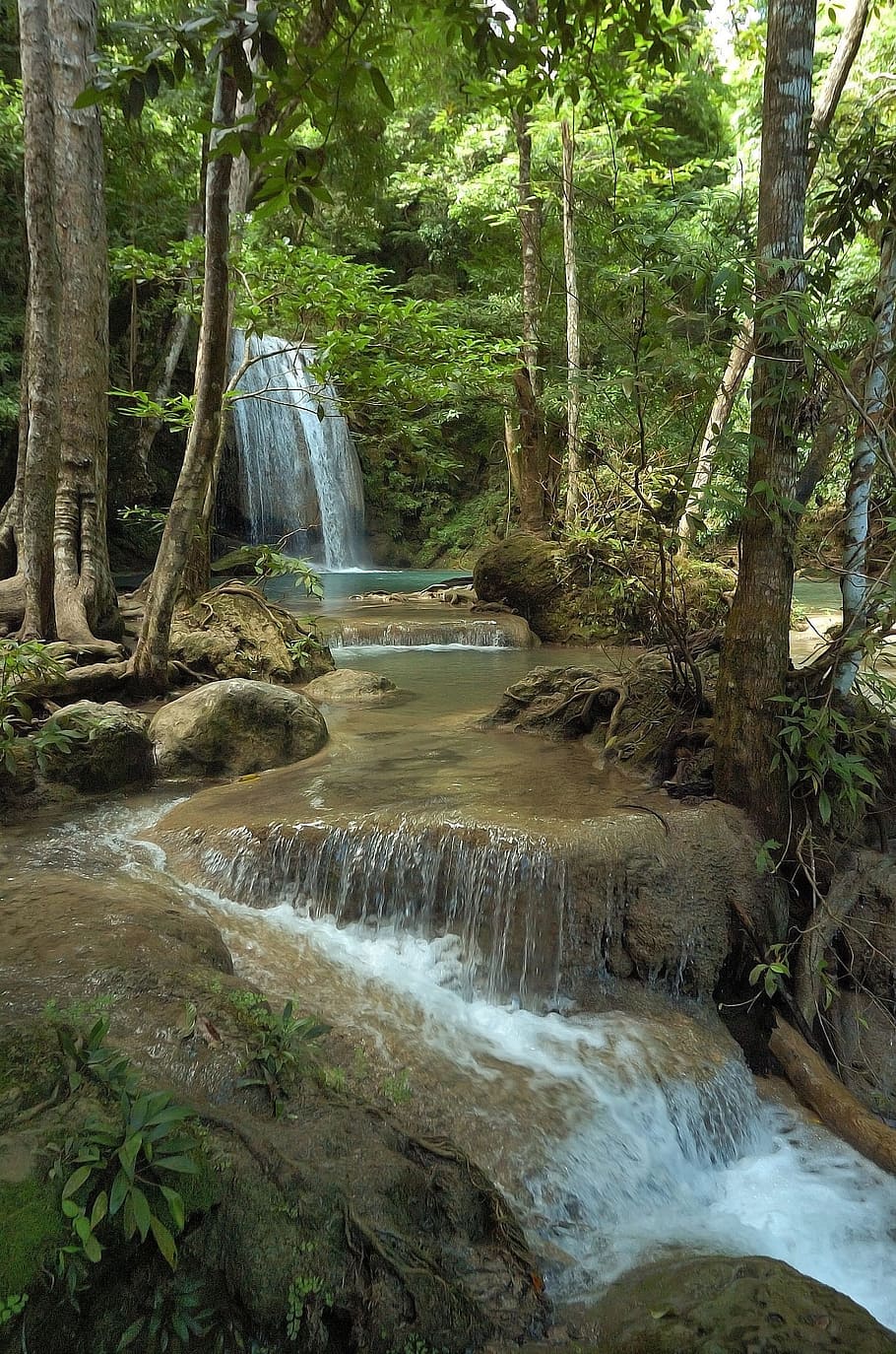 water flows near green trees at daytime, erawan, thailand, kanchanaburi, HD wallpaper