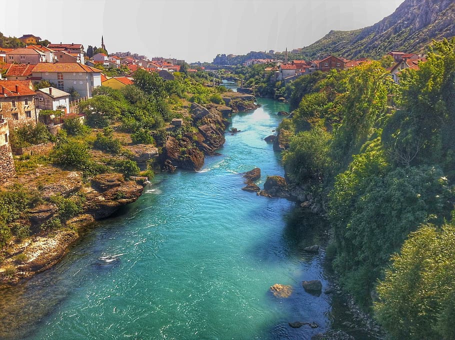 River, City, homes, bosnia and herzegovina, mostar, building