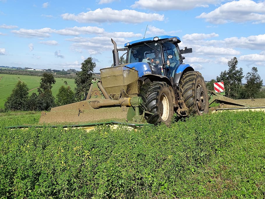 tractor, plantation, clouds, landscape, field, agricultural machinery HD wallpaper