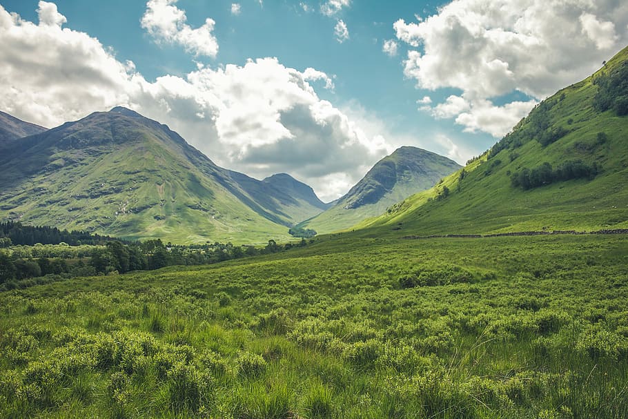 mountain covered with green grass, green grass field surrounded with mountains under cloudy blue sky HD wallpaper