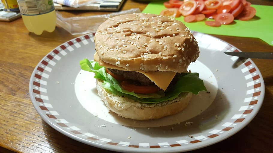 burger, cheeseburger, hamburger, food, tomato, meal, lettuce HD wallpaper