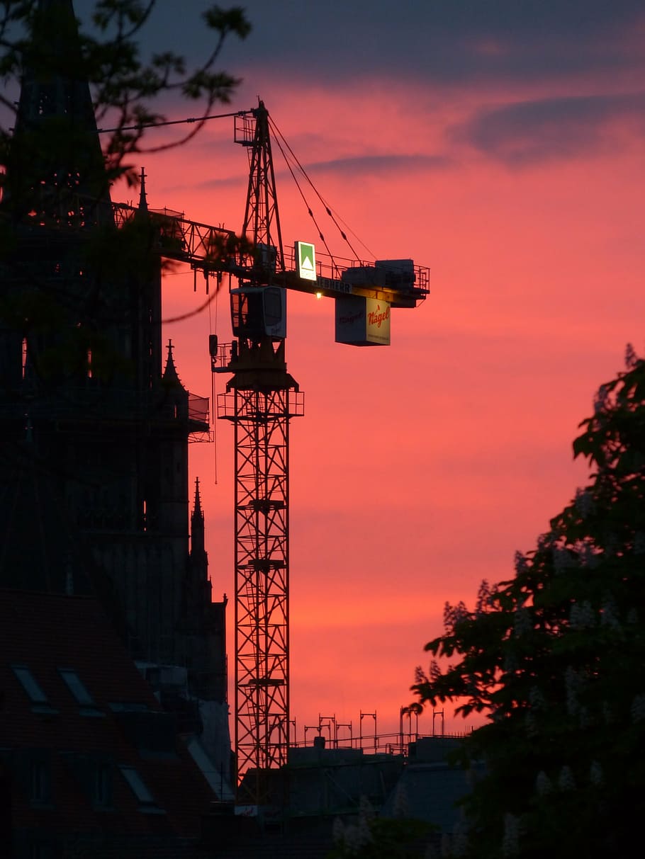 baukran, crane, sunset, site, red, construction work, sky, build HD wallpaper