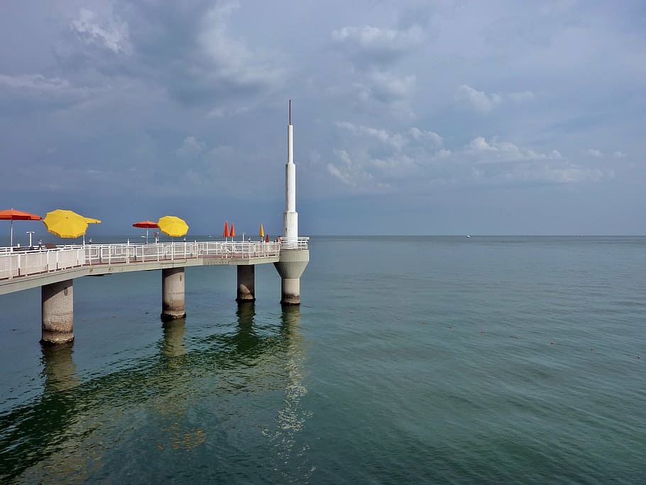pier, jetty, sea, lignano, beach, adria, view, reflection, blue, HD wallpaper
