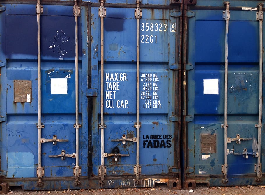 blue intermodal container, container door, metal, text, industry HD wallpaper