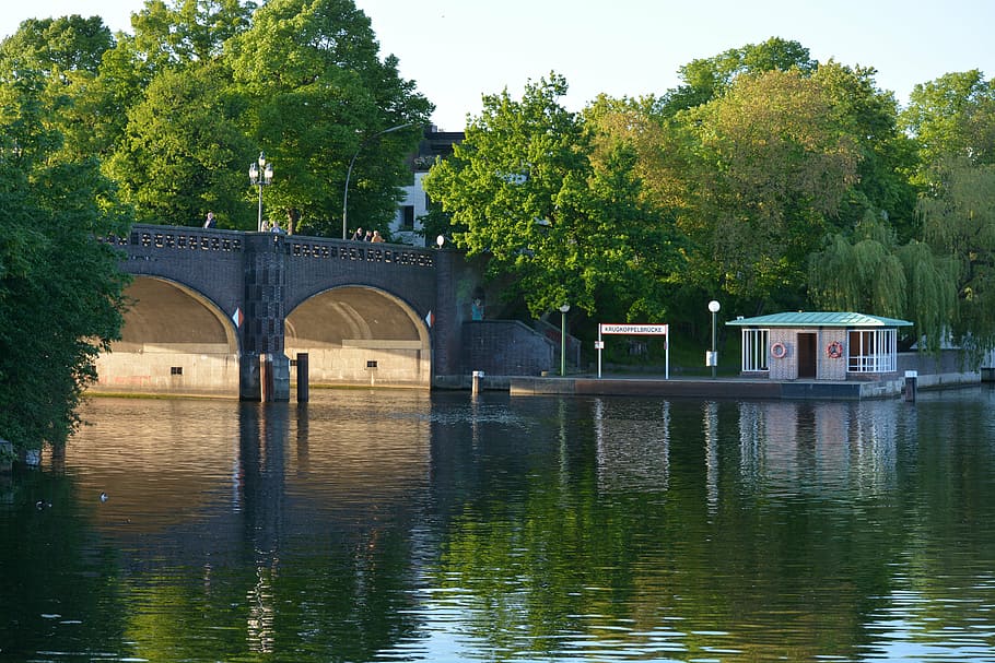 hamburg, channels, bridge, architecture, water, brick, romantic HD wallpaper