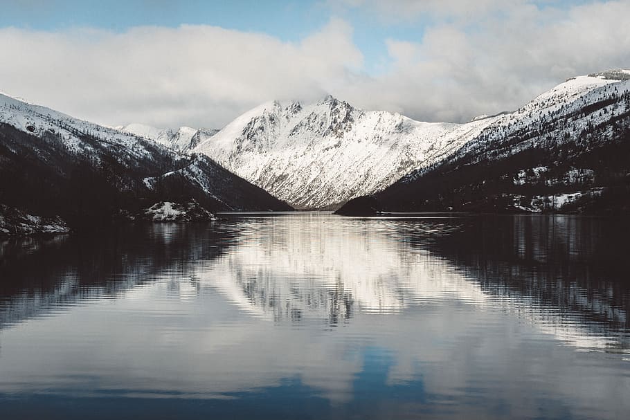 reflective photography of snow-covered mountain, aerial view photography of snow covered mountain HD wallpaper
