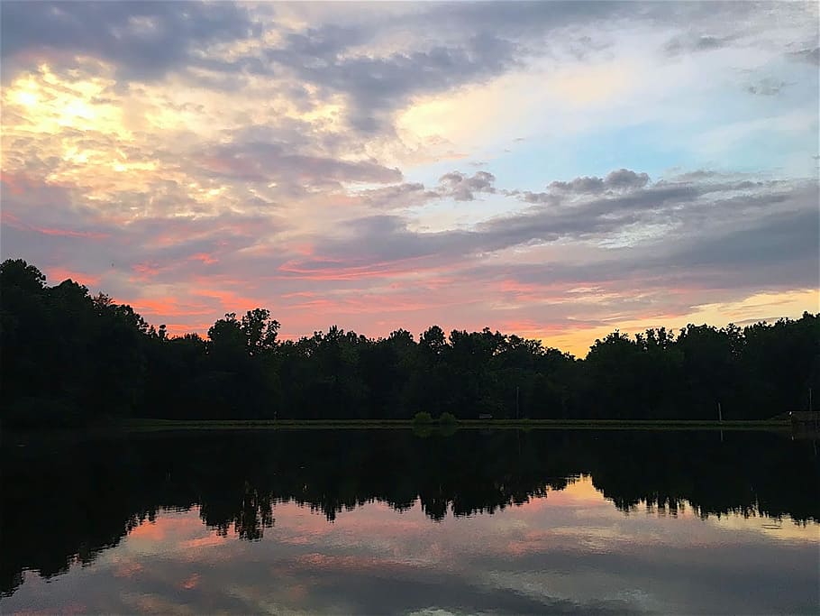 sunset, lake, sky, clouds, light, evening, dusk, nature, water HD wallpaper