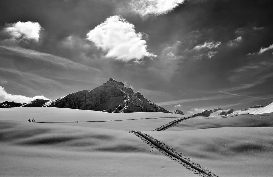 touring skis, nature, snow, mountain, winter, cloud, black and white photography, HD wallpaper