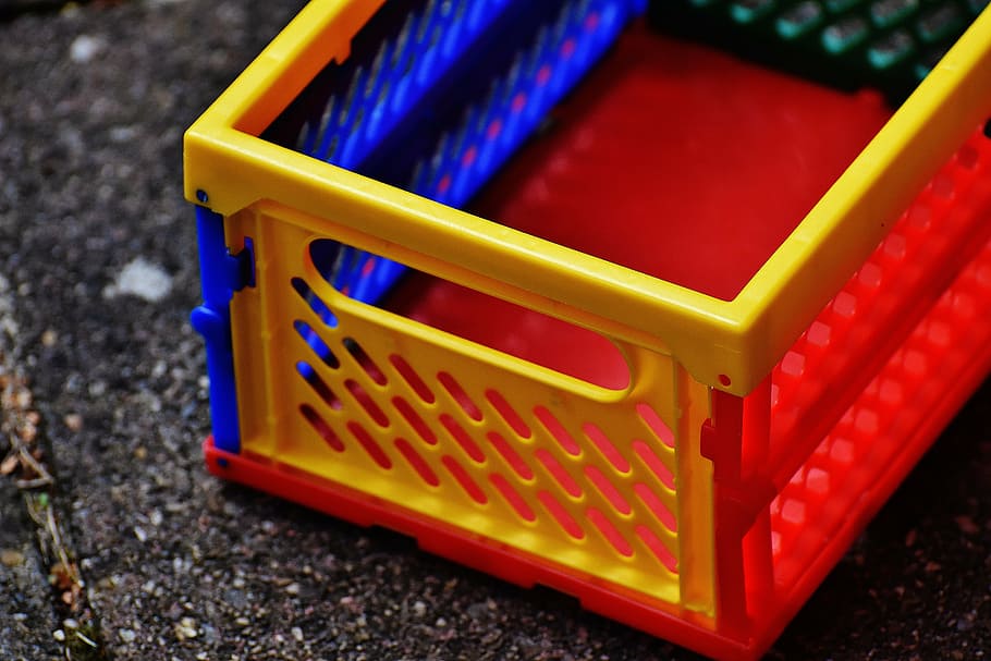 folding box, shopping, stow, plastic, colorful, red, close-up HD wallpaper