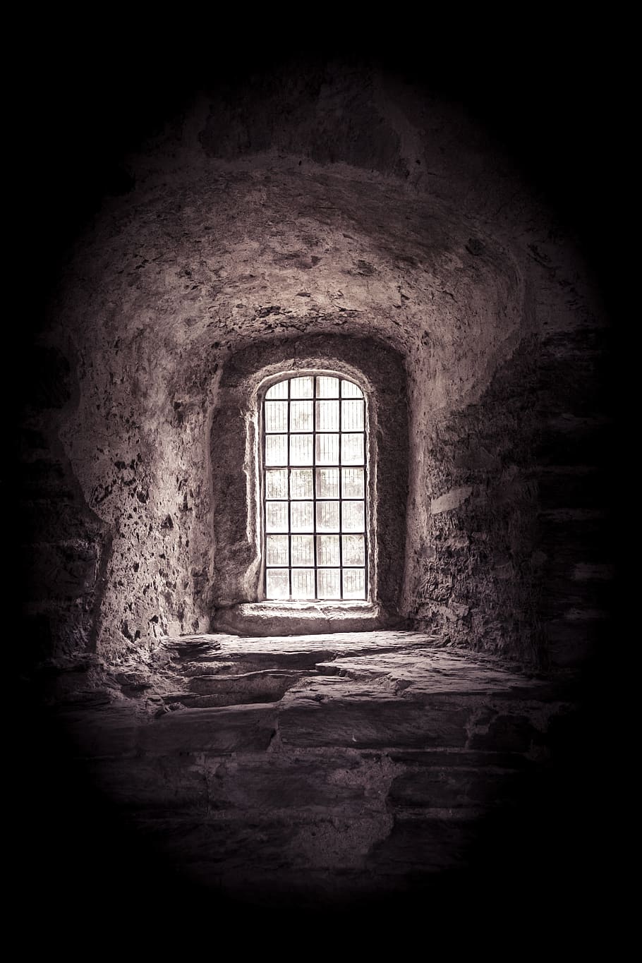 gray and beige stone tunnel with glass frame window, ancient HD wallpaper