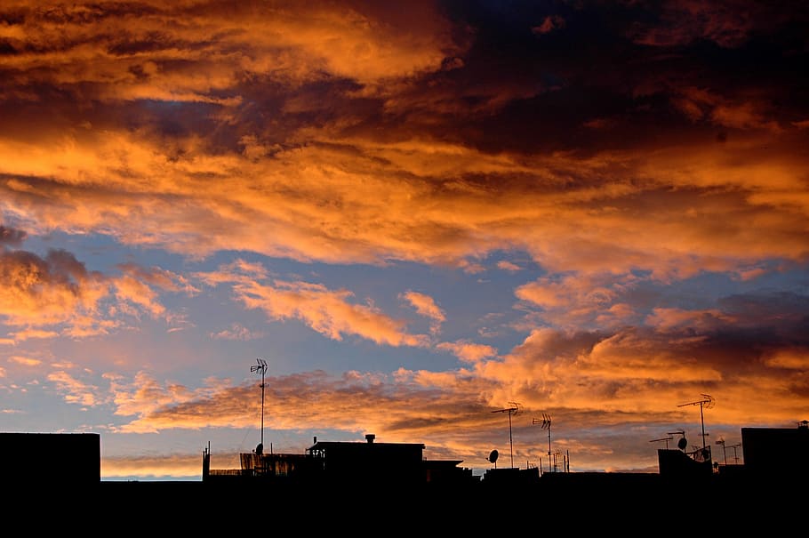 roofs, clouds, sky, cloud - sky, architecture, silhouette, sunset HD wallpaper