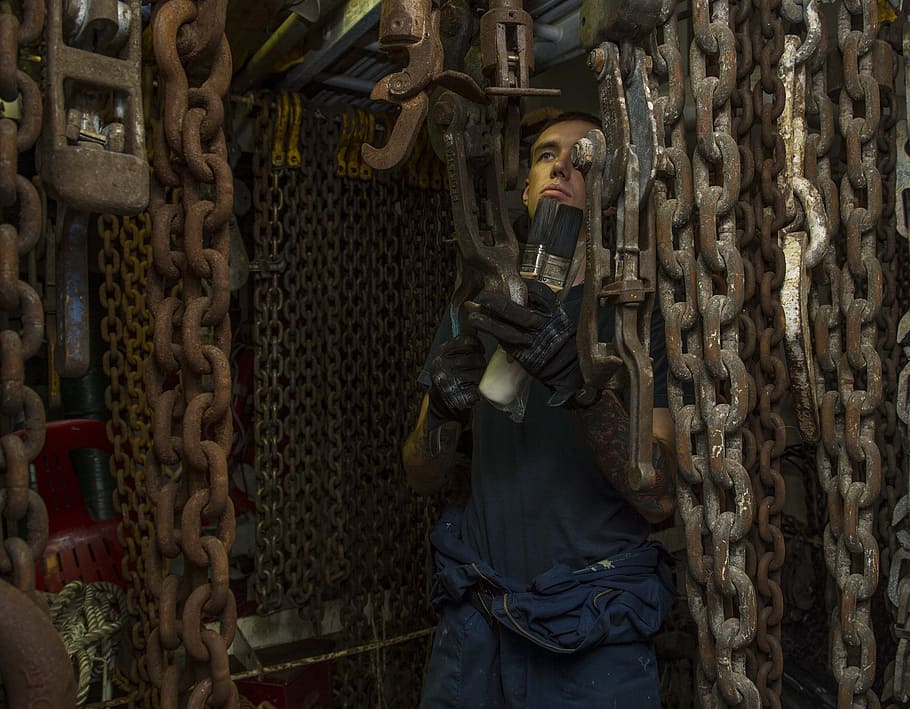 maintenance, work, job, sailor, ship, inspection, chains, industrial HD wallpaper