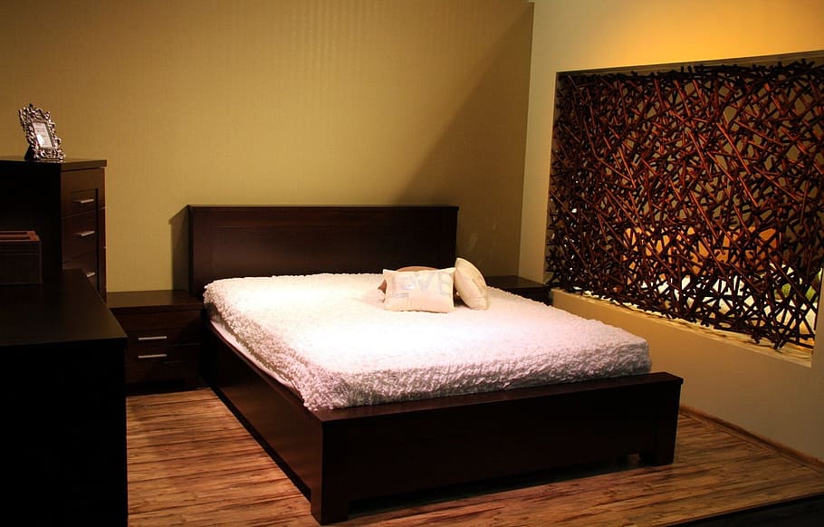 bed near drawer chest inside yellow painted room, big, double HD wallpaper