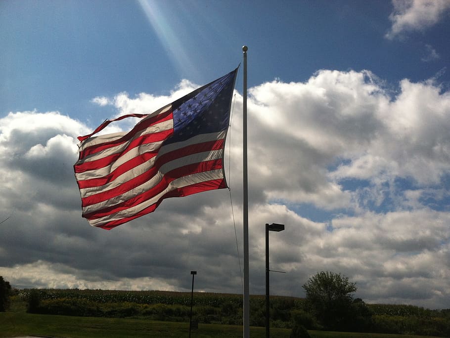 flag, light, field, sky, cornfield, clouds, rays, fall, autumn HD wallpaper