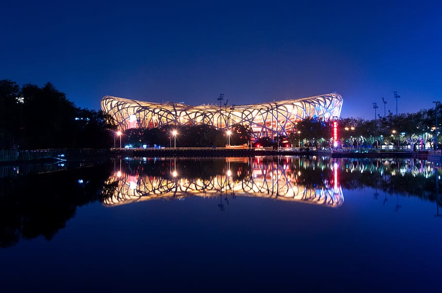 Beijing, Nest, Night View, reflection, illuminated, sky, city HD wallpaper