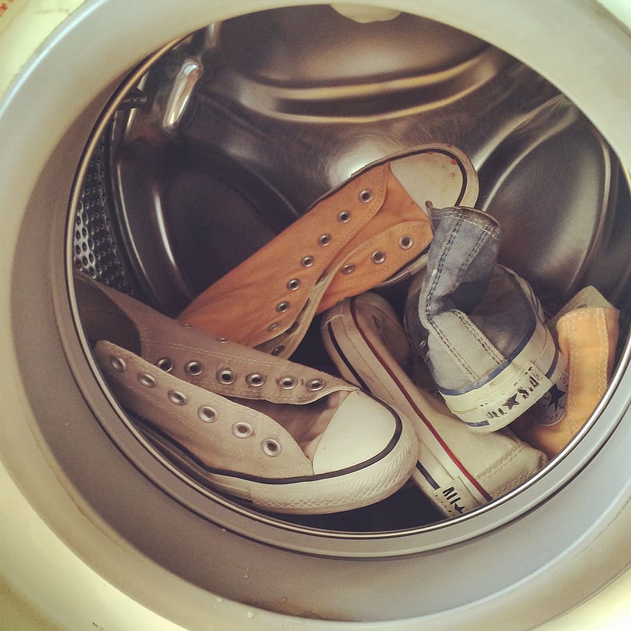 assorted shoe inside beige front-load washer, shoes, white, appliance
