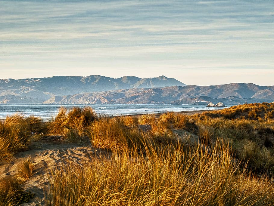 beach, clouds, grass, landscape, mountains, nature, outdoors HD wallpaper