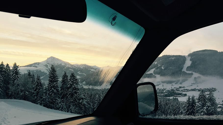 Morning Ride, mountain covered snow, windscreen, car, vehicle HD wallpaper