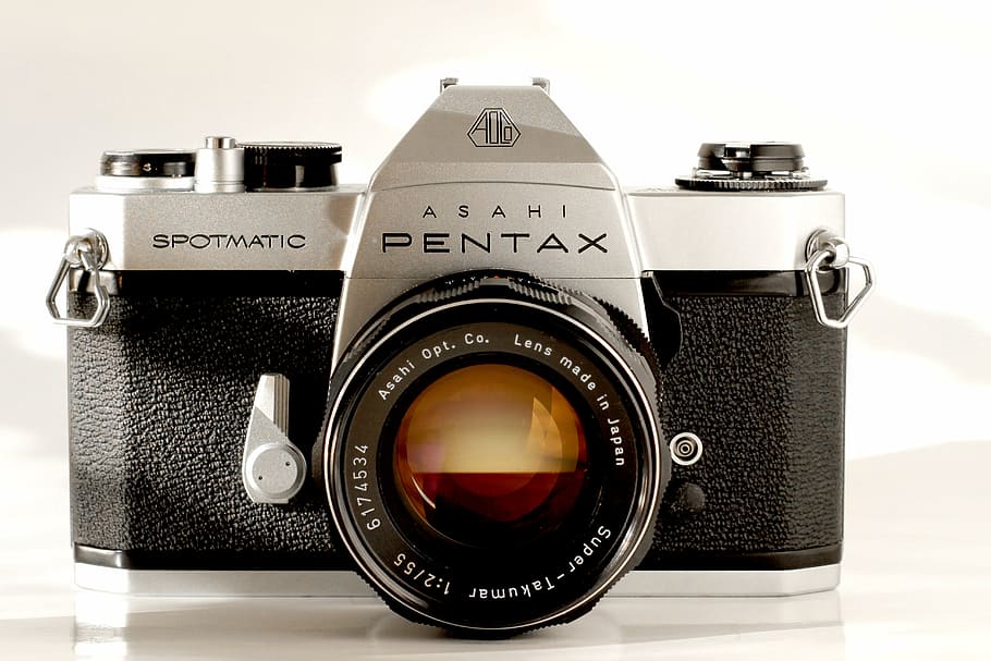 silver and black Pentax camera, analog, lenses, old, old camera, HD wallpaper