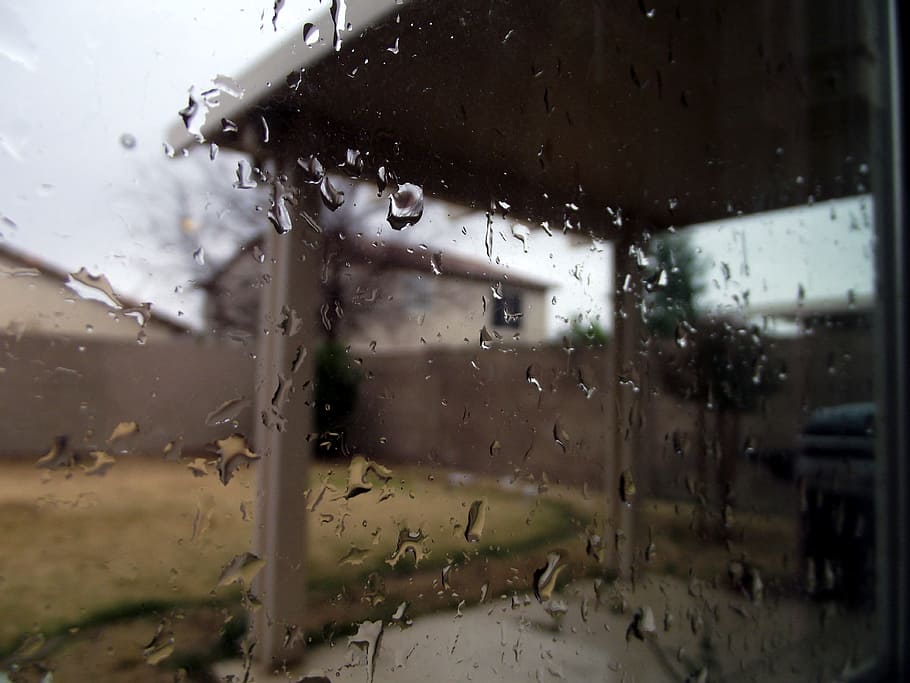 Window, Glass, Raindrop, Droplet, droplets, rainy, shower, yard HD wallpaper