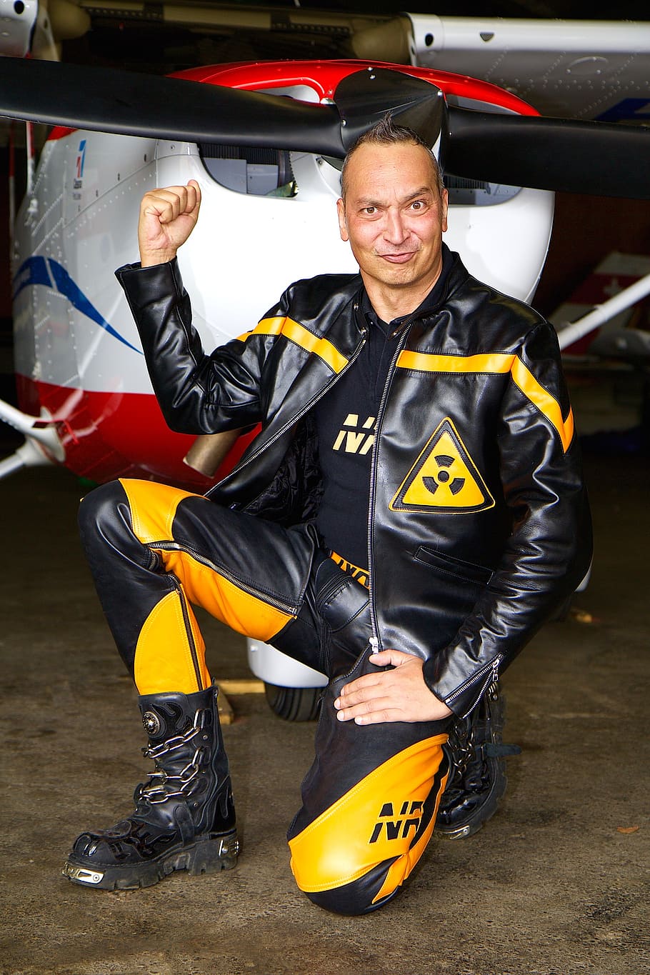 aircraft, human, leather jacket, leather pants, leather suit HD wallpaper