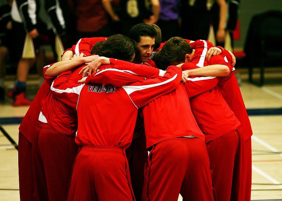 basketball team, teamwork, hug, relationship, together, togetherness, HD wallpaper