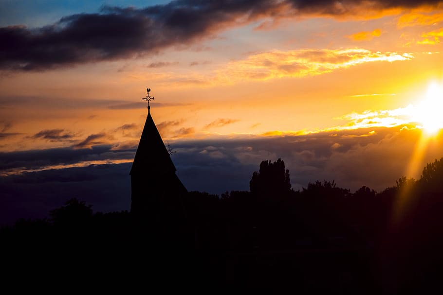 Sun, Church, Tower, Sunset, Geldermalsen, center, silhouette HD wallpaper