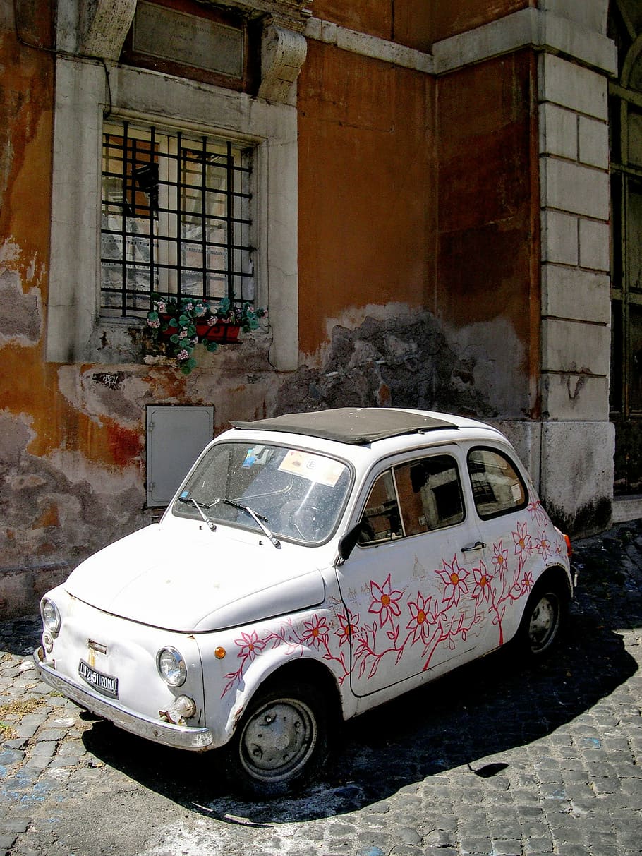Fiat, Flowers, House, Window, flowered, car, pavement, transportation HD wallpaper