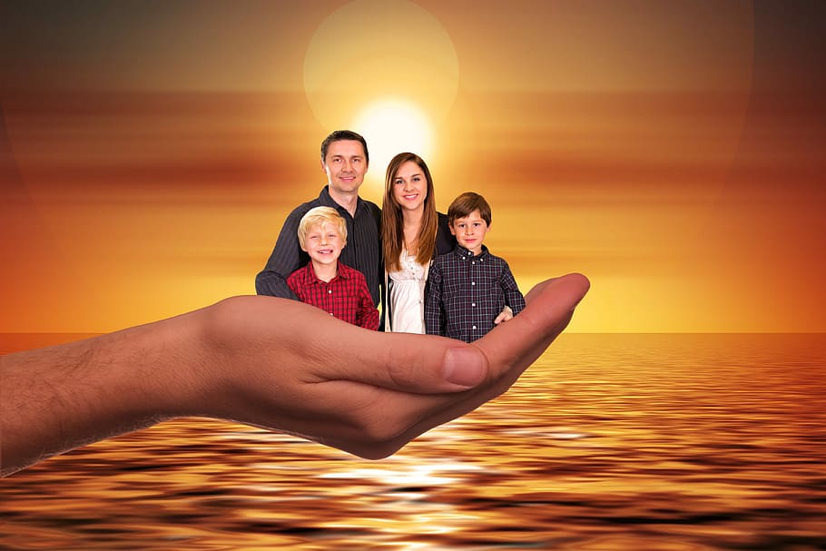 human hand holding family edited photo, sun, sunset, woman, children, HD wallpaper