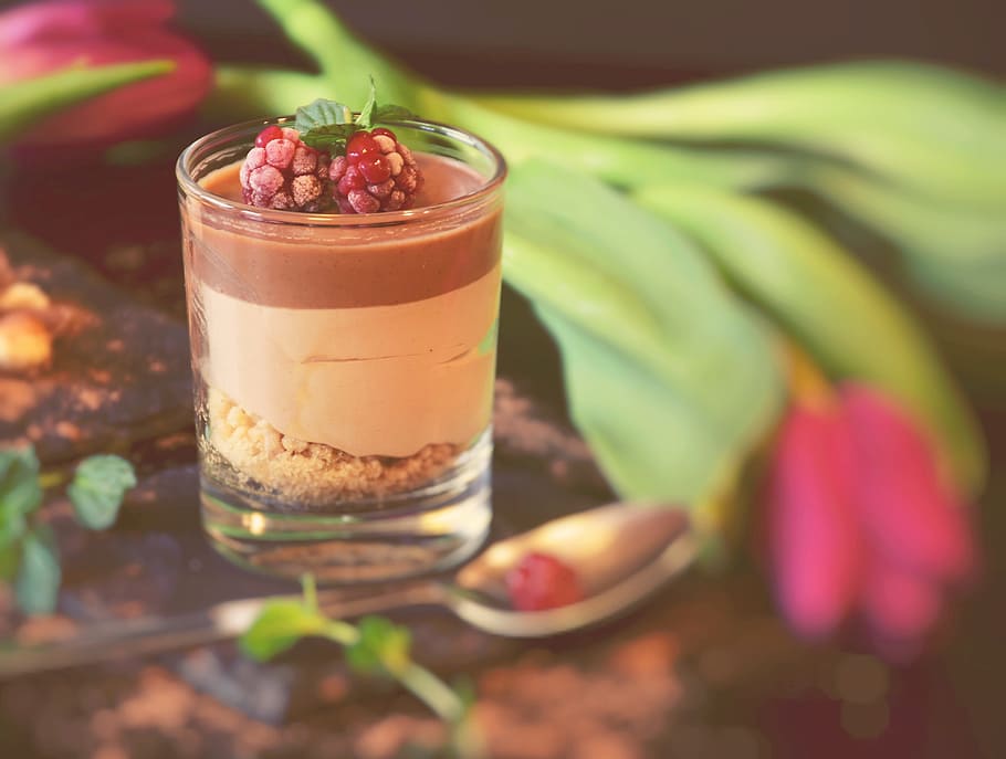 selective focus photo of clear drinking glass, dessert, nougat, HD wallpaper