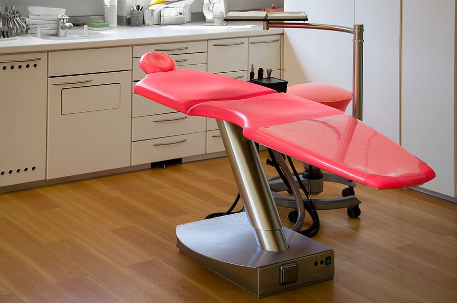 red dental chair, clinic, doctor, cabinet, check up, room, floor, HD wallpaper