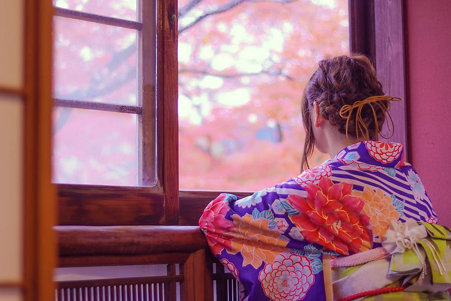 woman in traditional dress leaning beside window panel, women HD wallpaper