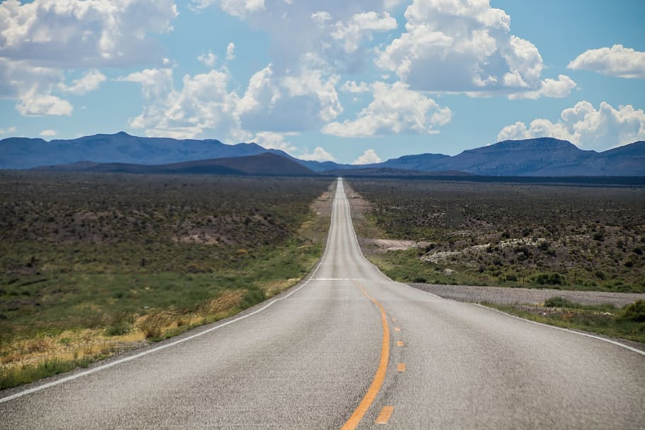 photo of roadway between grass field, highway, usa, america, clouds, HD wallpaper