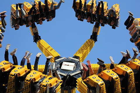 fair, driving device, over head, upside down, sky, blue, fly HD wallpaper