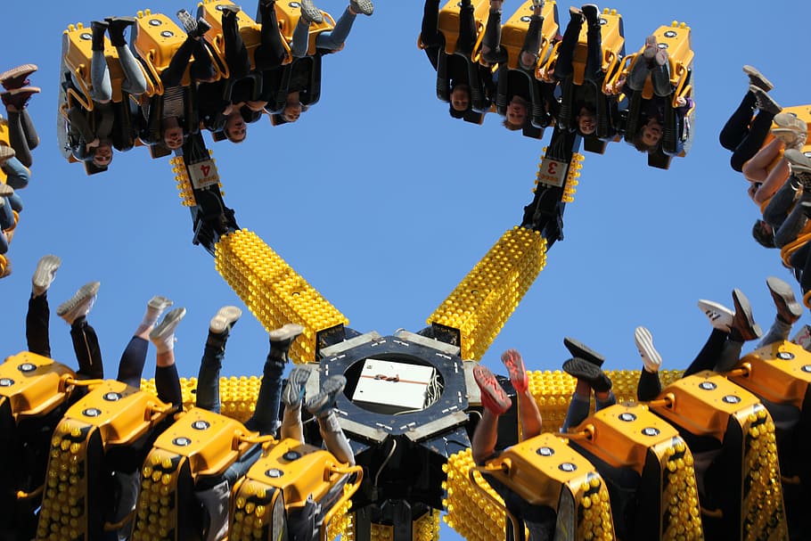 fair, driving device, over head, upside down, sky, blue, fly HD wallpaper