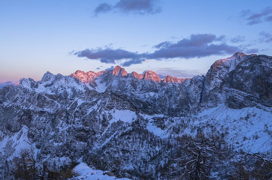 snow filled mountain during golden hour, landscape photography of alps mountains HD wallpaper