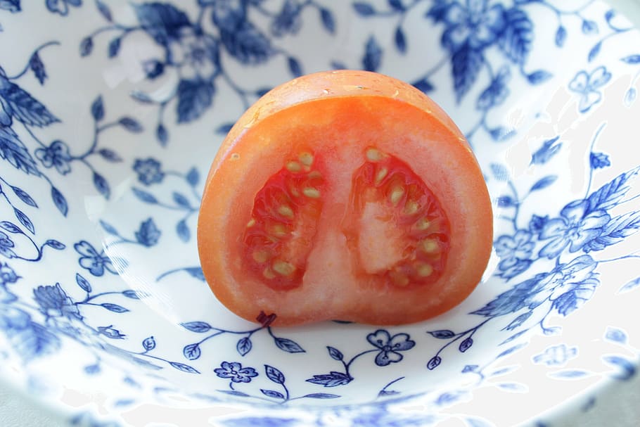 tomato, cut, half, seeds, food, bowl, healthy eating, food and drink HD wallpaper