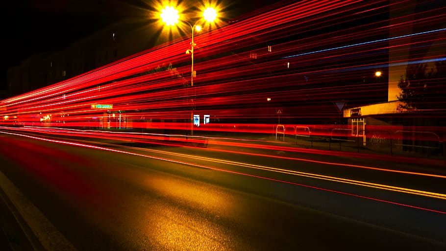 architecture, asphalt, buildings, dark, evening, highway, light streaks HD wallpaper