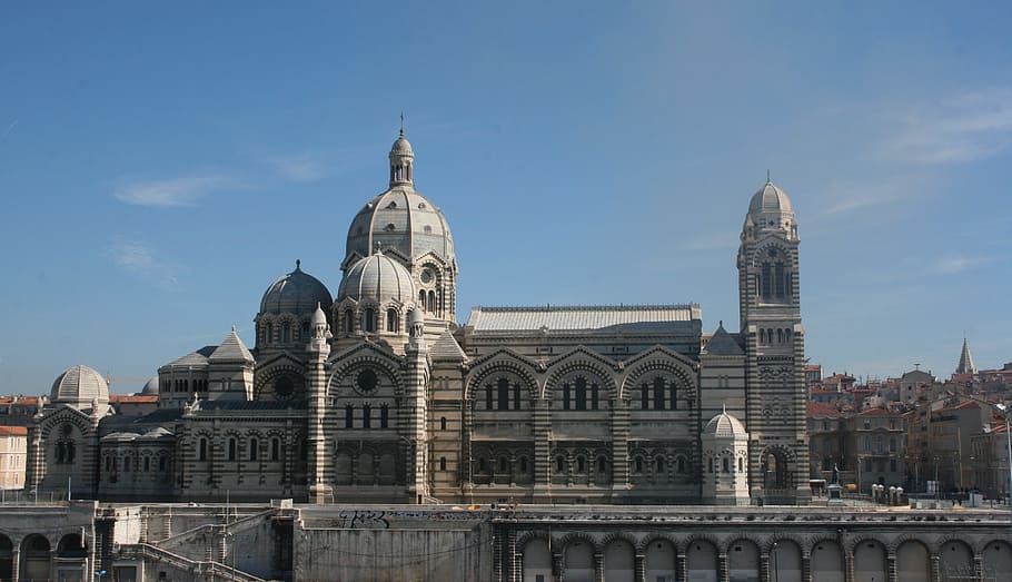 gray concrete cathedral under blue sky, marseille, architecture, HD wallpaper
