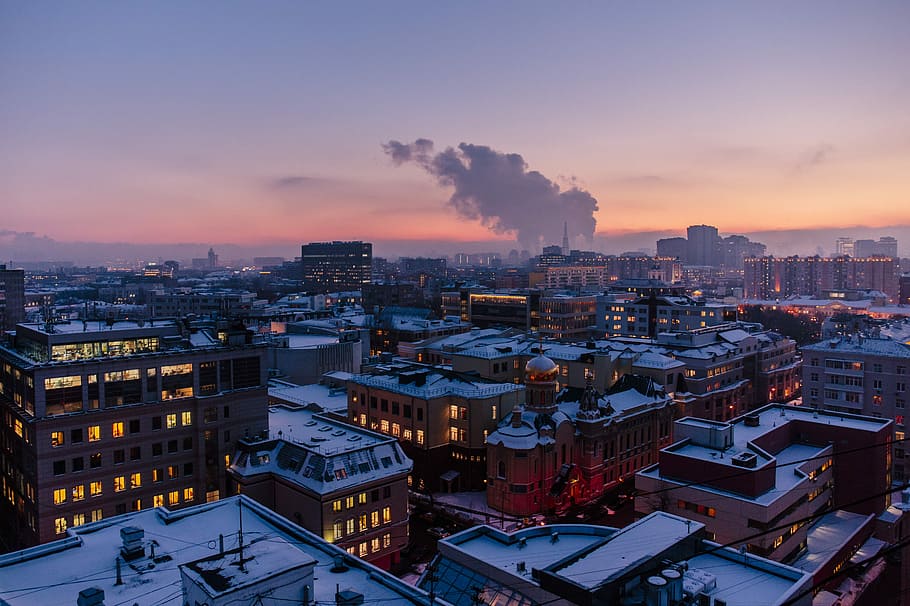 buildings during golden hour, aerial photography of city under sunset HD wallpaper