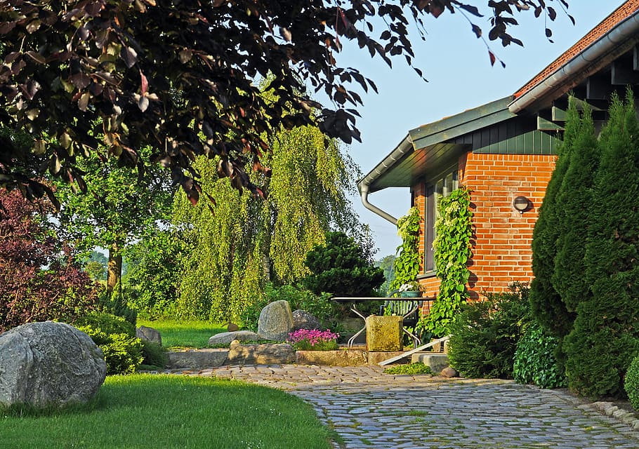 brown brick house, Home Garden, Idyllic, Rural, Morning Sun, copper beech, HD wallpaper