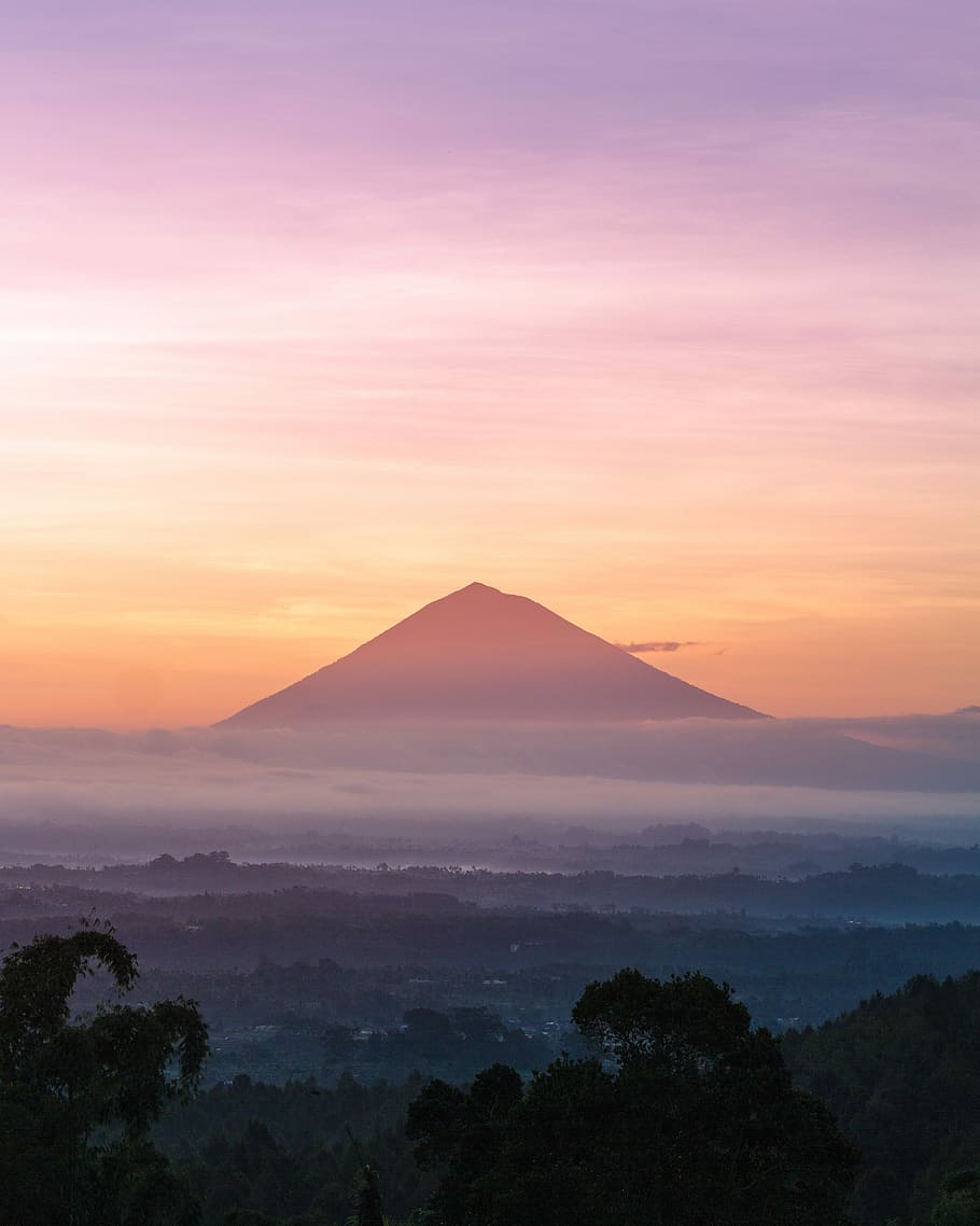 mountain under orange sky, sunset, sunrise, mountain, cloud, mist, fog HD wallpaper
