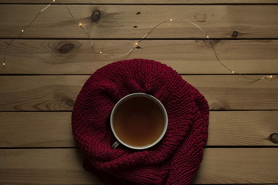mug on red knit apparel, white teacup on red textile, autumn, HD wallpaper
